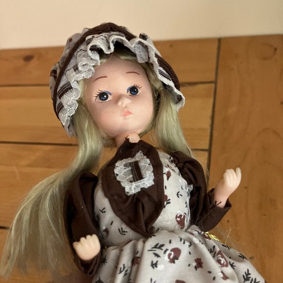 Blonde Big Eye Doll Brown Calico Floral Prairie Bonnet & Dress 9" Vintage Korea - Picture 2 of 12